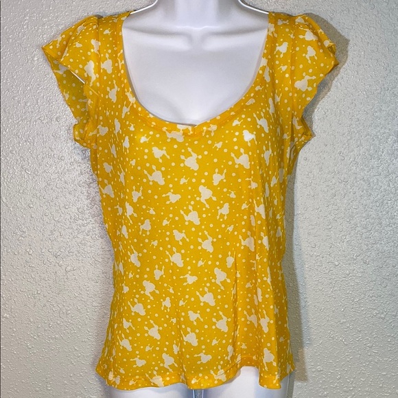 Zara Sheer Yellow & White paint Splatter Flutter Sleeve Top - Picture 1 of 5